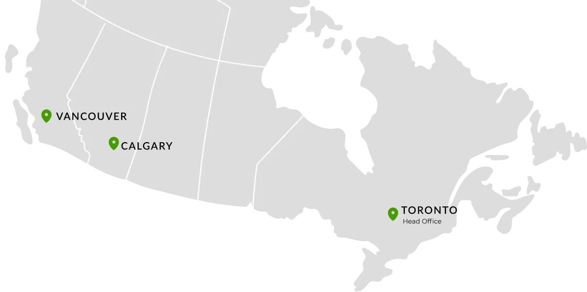 Map of Canada showing TCT branches in Vancouver, Calgary and Toronto