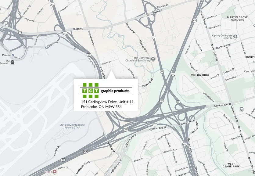 Map showing TCT Graphic Products head office in Etobicoke, ON