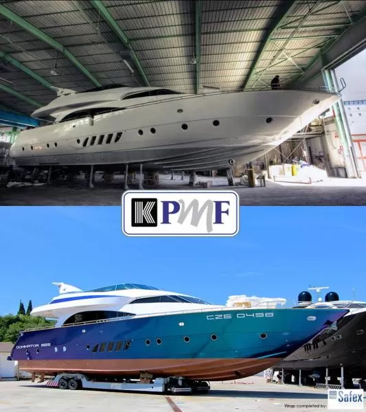 Boat wrapped in KPMF Wrap Vinyl with Logo over top