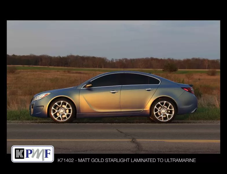 Sedan wrapped with KPMF Matte Gold Starlight Laminate vinyl